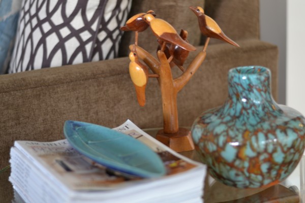 mid-century birdies and local pottery and glass art