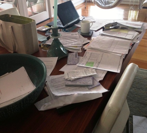 my dining room table in the mountains...finances in disarray