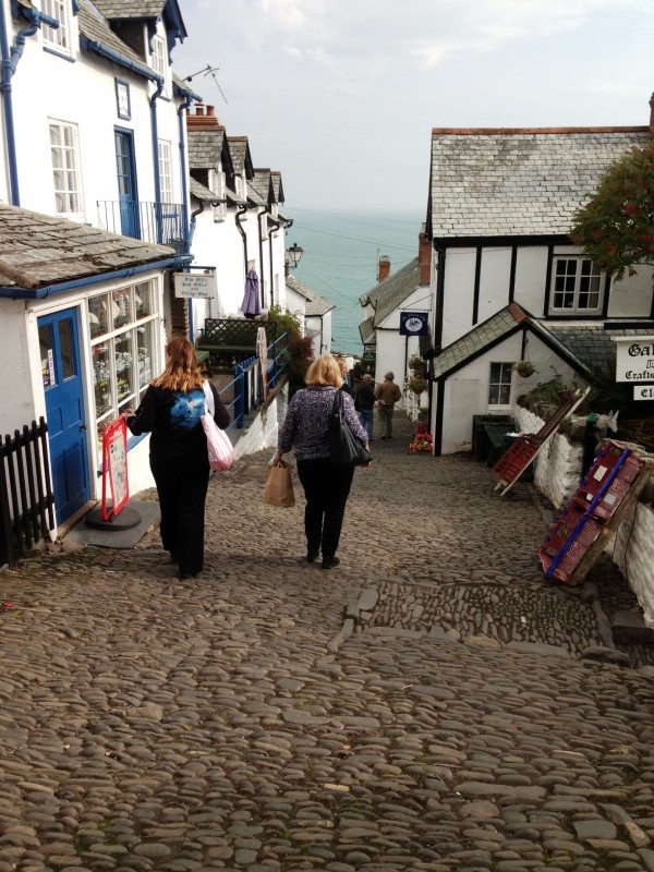 walking down the steep cobbled town
