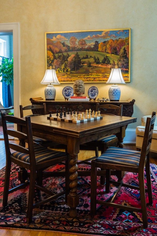 spanish faux painted walls, game table, art, blue and white porcelain