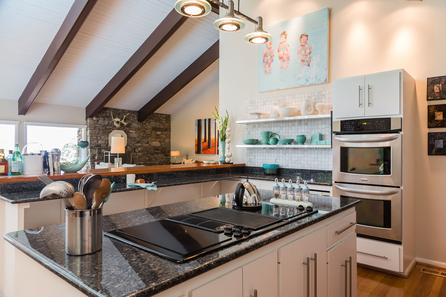 black island cooktop granite counters double oven