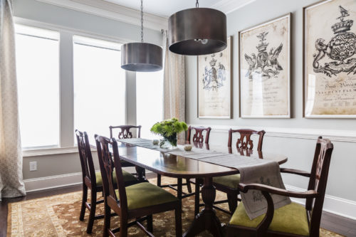 A traditional dining room set gets a facelift with pops of chartreuse