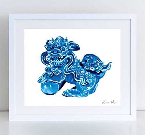 Chinese blue and white foo dog watercolor prints wall art