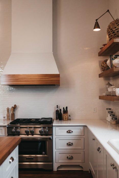 all white kitchen minimalist interior design open shelves