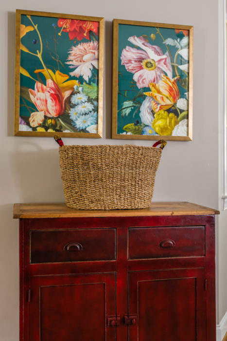 red painted farmhouse style chest colorful floral art