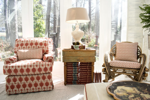 red and white fabric traditional family room design