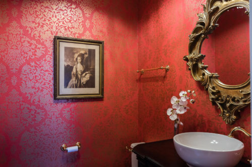 red damask wallpaper red powder bathroom