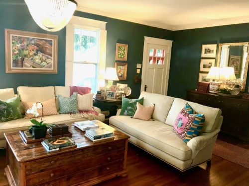 traditional living room antiques colorful pillows