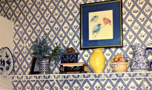 blue and white wallpaper pottery accessories bird art