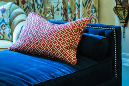 red white ikat geometric pillow blue velvet chaise lounge