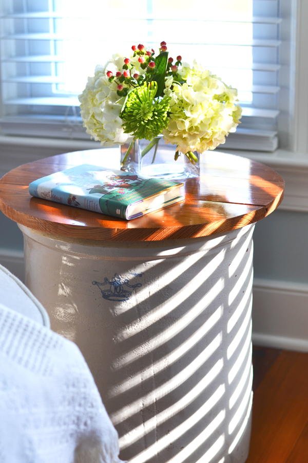 wood top stone crock side table