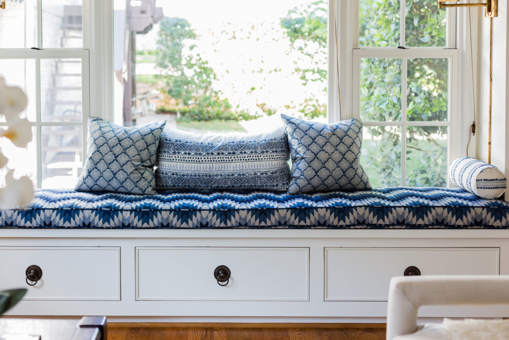 blue and white hand block fabric built-in window seat