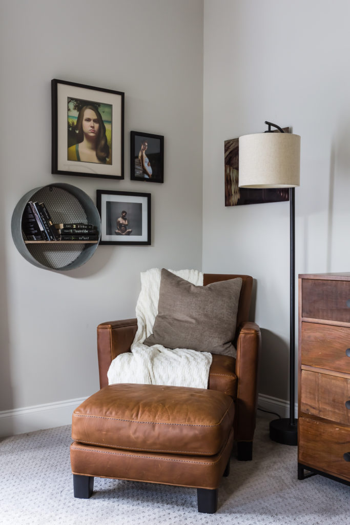 modern farmhouse master bedroom family photos reading nook