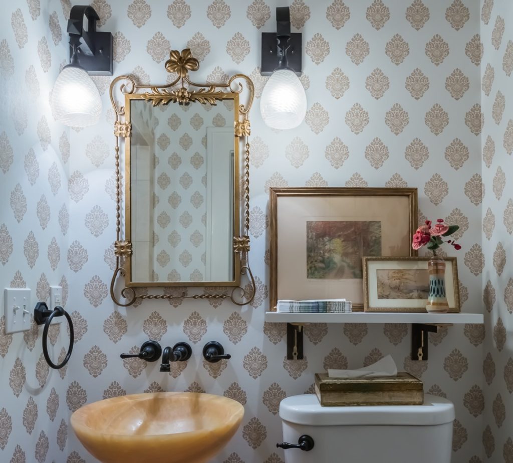 gold block print wallpaper small bathroom styling tips