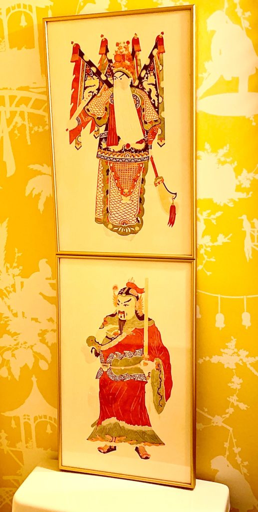 Japanese Pink And Green Woodblock Prints On Yellow Chinoiserie Wallpaper